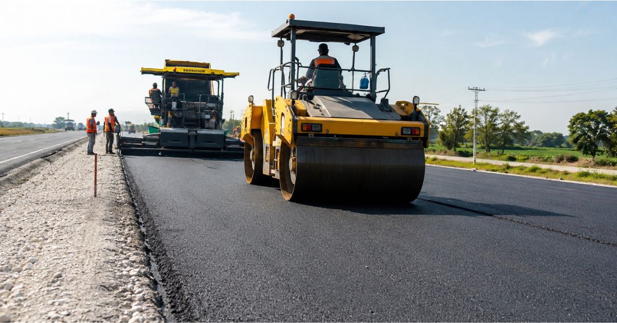 Road construction company in Agra laying asphalt road surface