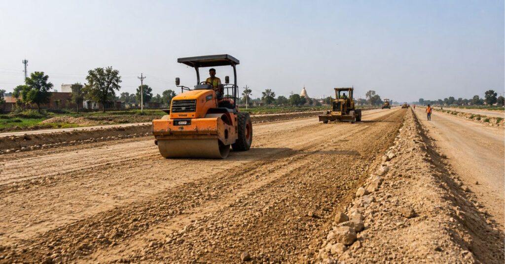 Sub-base preparation and compaction for road construction in Agra