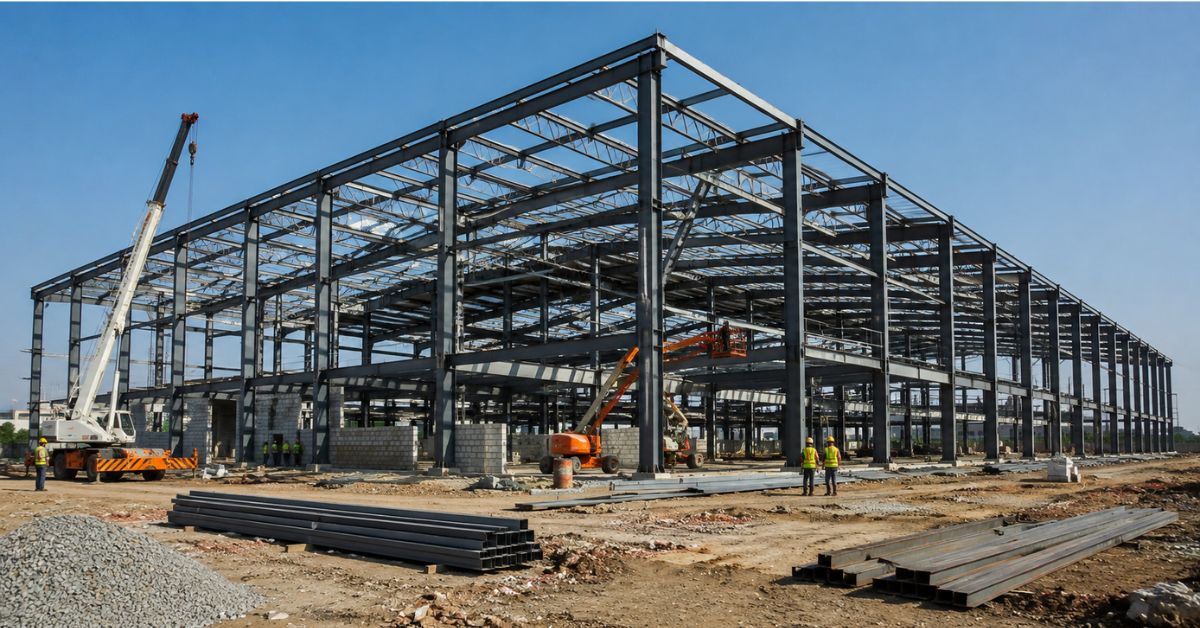 "Industrial construction company in Agra building a factory or warehouse structure"